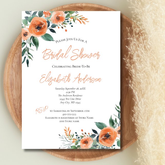 Peach Wassercolor Bloral Elegantes Brautparty Einladung (Peach Floral Watercolor Bridal Shower Invitation. Printed or Instant Digital Download.)
