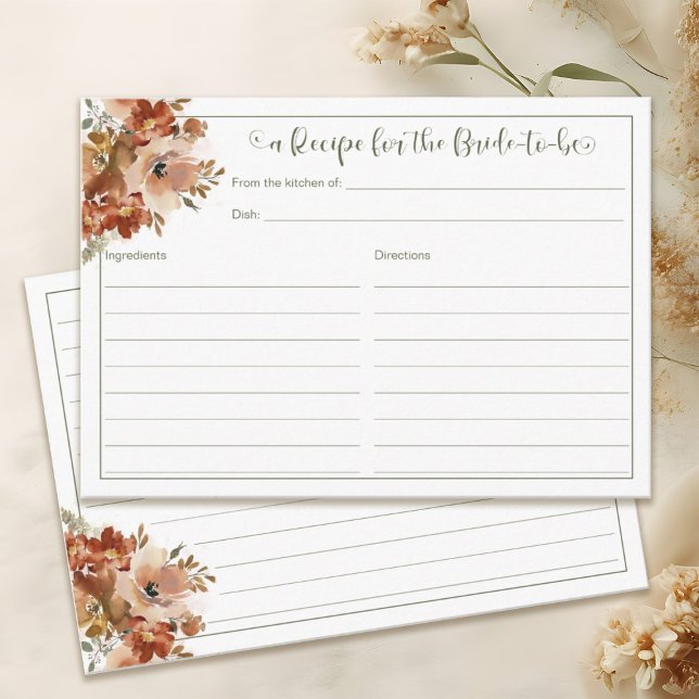 Peach Wassercolor Blumenkäse Brautparty Rezept Begleitkarte (Peach Watercolor Floral Sage Green Bridal Shower Recipe Enclosure Card)
