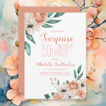 Peach Wassercolor Floral Überraschung 50. Geburtst Einladung<br><div class="desc">Elegante,  feminine Überraschung 50. Geburtstagsfeier für sie entworfen mit zartem Pfirsich und cremefarbenen Blumen. Text ist vollständig anpassbar,  sodass diese Einladungen für jedes Alter gestaltet werden können.</div>
