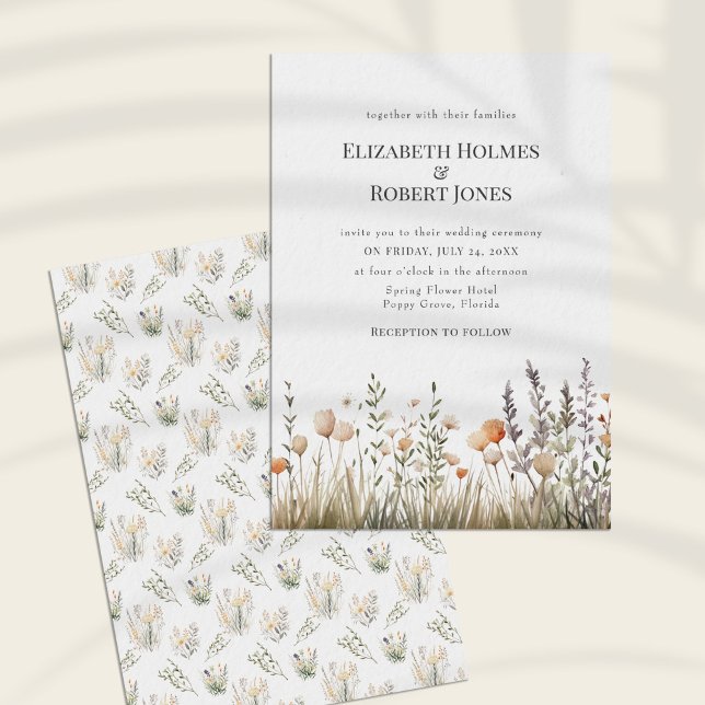 Peach Wassercolor Wildblume Hochzeit Einladung (Peach Watercolor Wildflower Wedding Invitation on a sunny white table.)