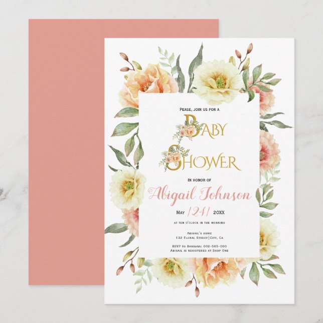 Peach watercolor Blume Babydusche für Mädchen Einladung (Vorne/Hinten)