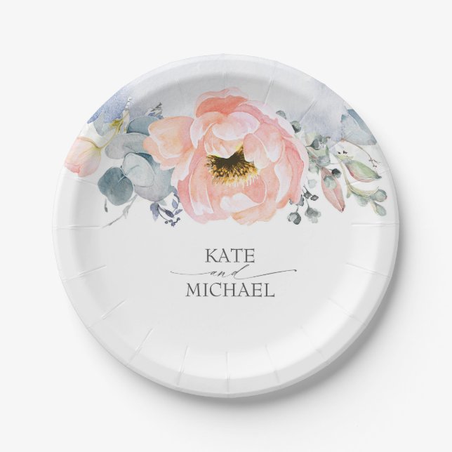 Peach Watercolor Blume Dusty Blue Wedding Pappteller (Vorderseite)