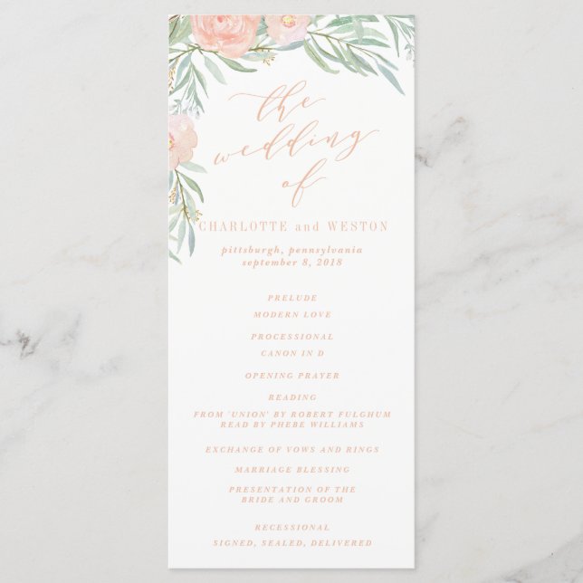 Peach Watercolor Blume Wedding Program Programm (Vorderseite)