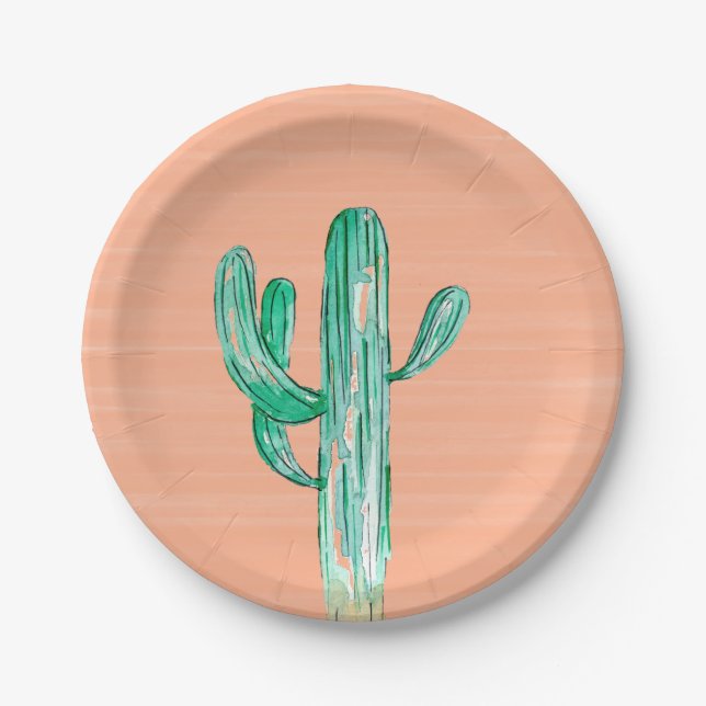 Peach Watercolor Cactus Southwestern Wedding Pappteller (Vorderseite)