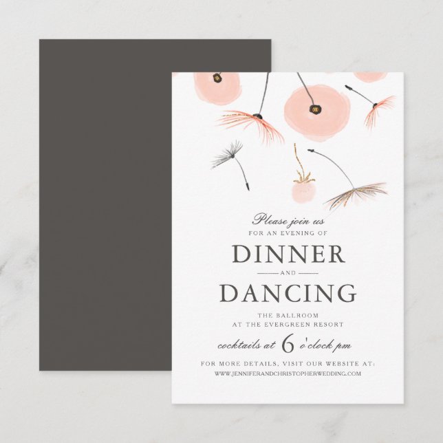 Peach Watercolor Dandelion Wedding Reception Card Einladung (Vorne/Hinten)