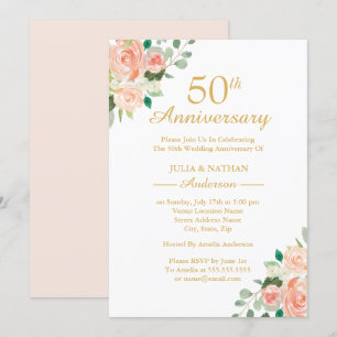 Peach Watercolor Floral 50. Hochzeitstag Einladung