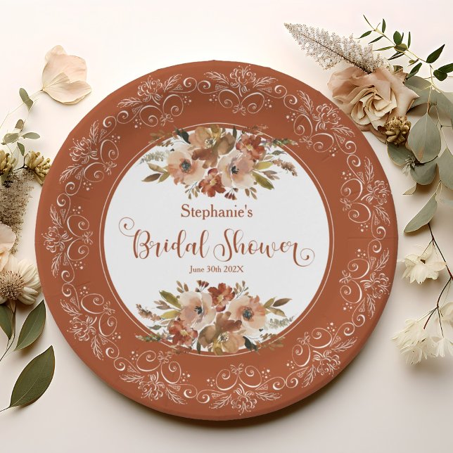 Peach Watercolor Floral Brautparty Persimmon Pappteller (Peach Watercolor Floral Bridal Shower Persimmon Paper Plates)