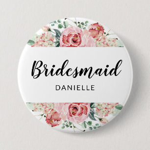 Peach Watercolor Floral Bridesmaid Mit Monogramm Button