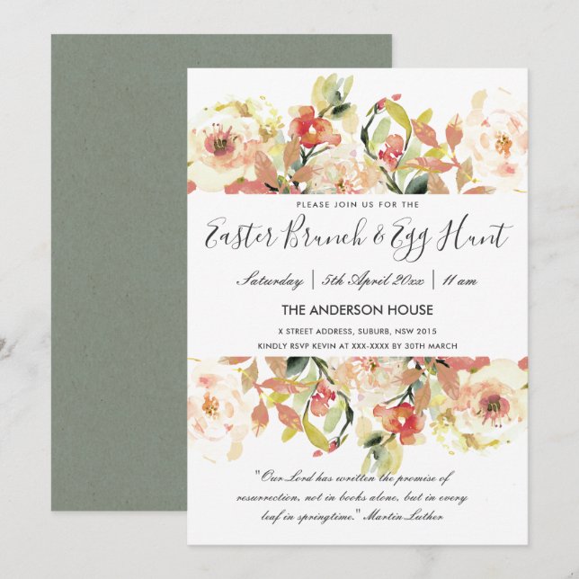 PEACH WATERCOLOR FLORAL EASTER BRUNCH & EGG HUNT EINLADUNG (Vorne/Hinten)