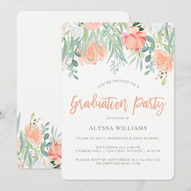 Peach Watercolor Floral | Graduierungspartei Einladung (Vorne/Hinten)