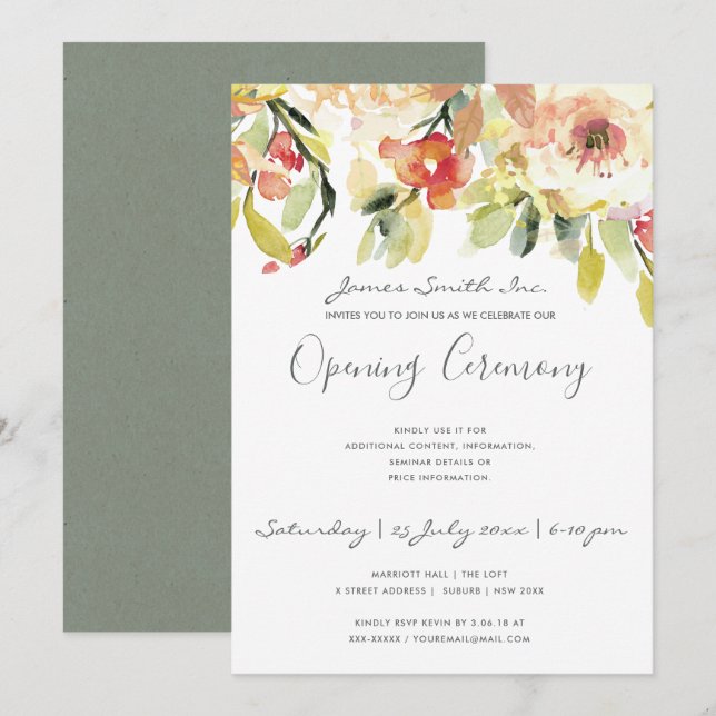 PEACH WATERCOLOR FLORAL GRAND ÖFFNUNGSZEREMONIE EINLADUNG (Vorne/Hinten)