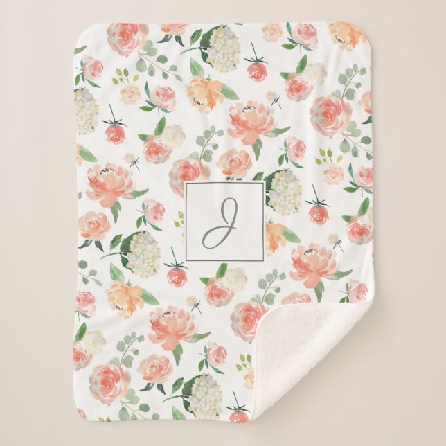 Peach Watercolor Floral Pattern with Monogram Sherpadecke (Vorderseite)