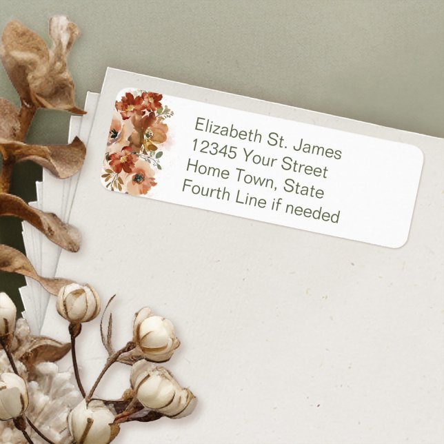 Peach Watercolor Floral Sage Green Rücksendeadress (Peach Watercolor Floral Sage Green Return Address Label with easy to read font)