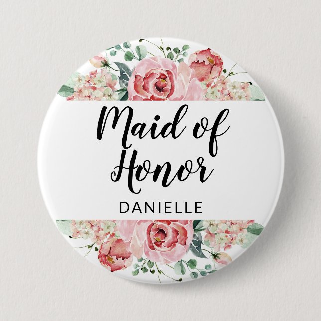 Peach Watercolor Floral Trauzeugin Mit Monogramm Button (Vorderseite)