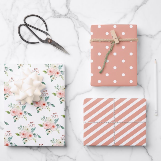 Peach Watercolor Floral Wedding Geschenkpapier Set (Vorderseite)