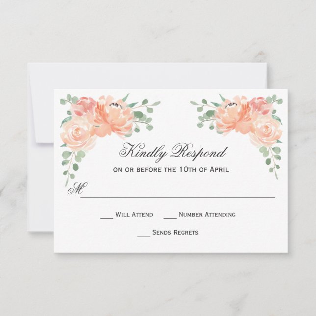 Peach Watercolor Floral Wedding RSVP Karte (Vorderseite)
