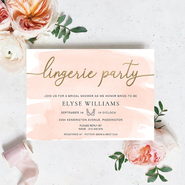 Peach Watercolor Gold Lingerie Party Brautparty Einladung (Lingerie Party Bridal Shower Invitation peach blush Watercolour Gold )