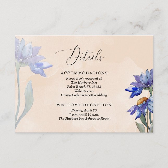 Peach Watercolor & Lila Daisis Wedding Details Begleitkarte (Vorderseite)