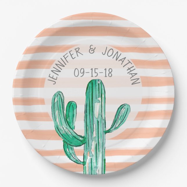 Peach Watercolor Stripes Cactus Southwest Wedding Pappteller (Vorderseite)
