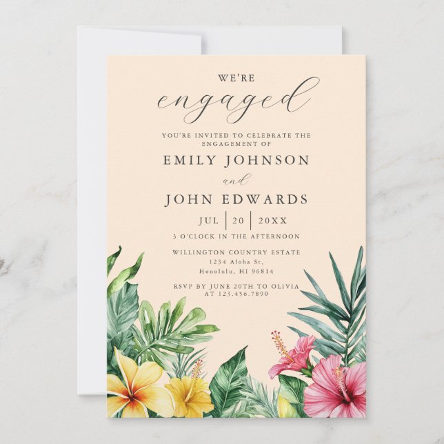 Peach Watercolor Tropical Floral Engagement Party Einladung (Vorderseite)