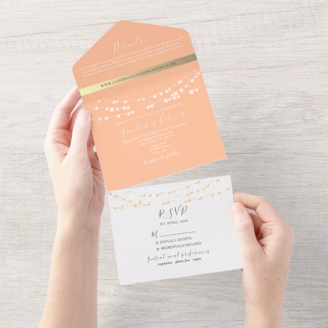 Peach Wedding Einladung mit String Lights (Abreißen)