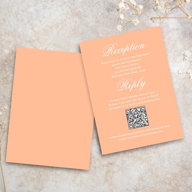Peach Wedding Script RSVP Reception  Begleitkarte (Peach reception and reply card with a scannable QR code.)