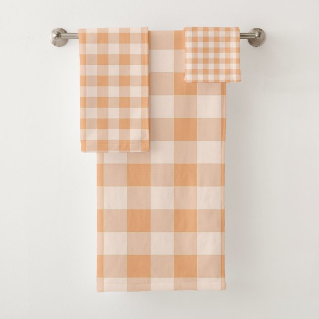 Peach White Checkered Gingham Pattern Badhandtuch Set (Insitu)