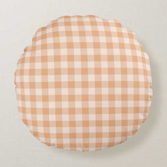 Peach White Checkered Gingham Pattern Rundes Kissen (Vorderseite)