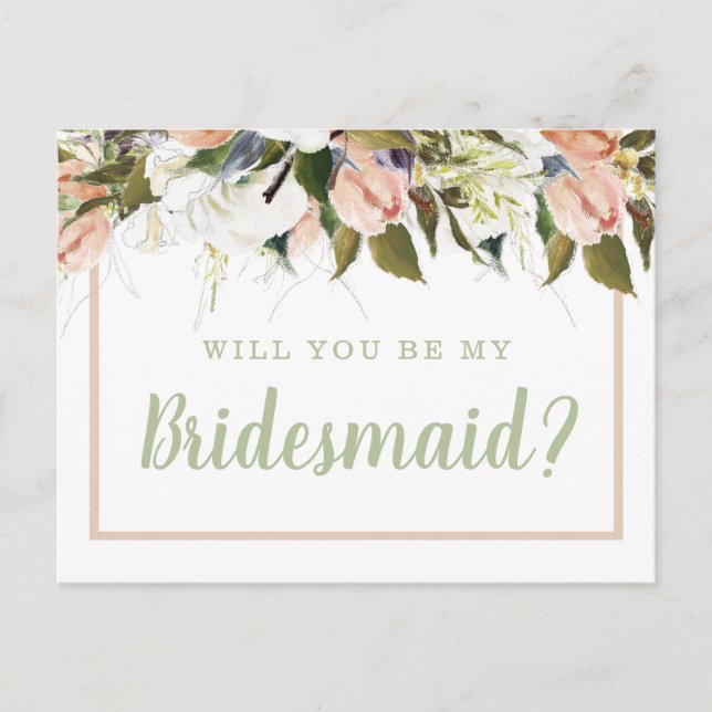 Peach White Country Floral Bridesmaid Vorschlag Postkarte (Vorderseite)