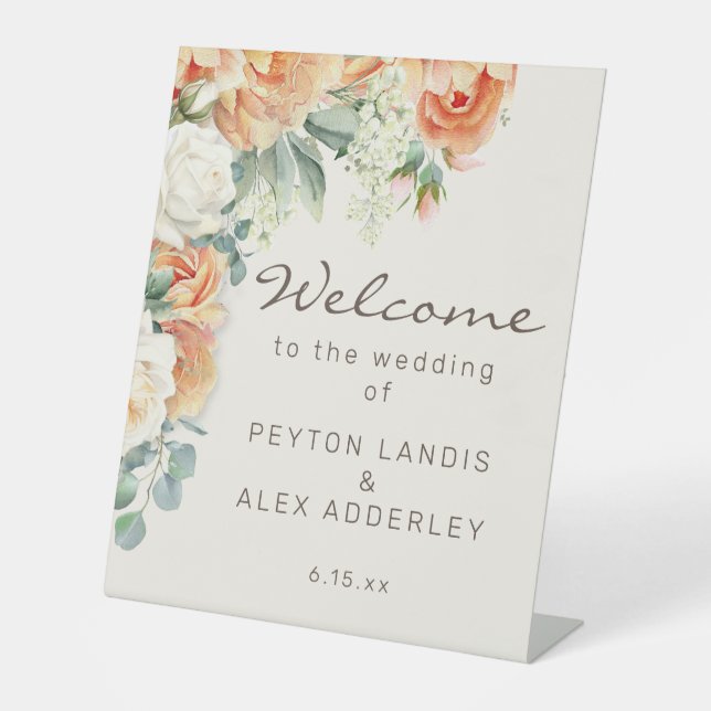Peach White Floral Eukalyptus Wedding Willkommen Sockelschild (Vorderseite)