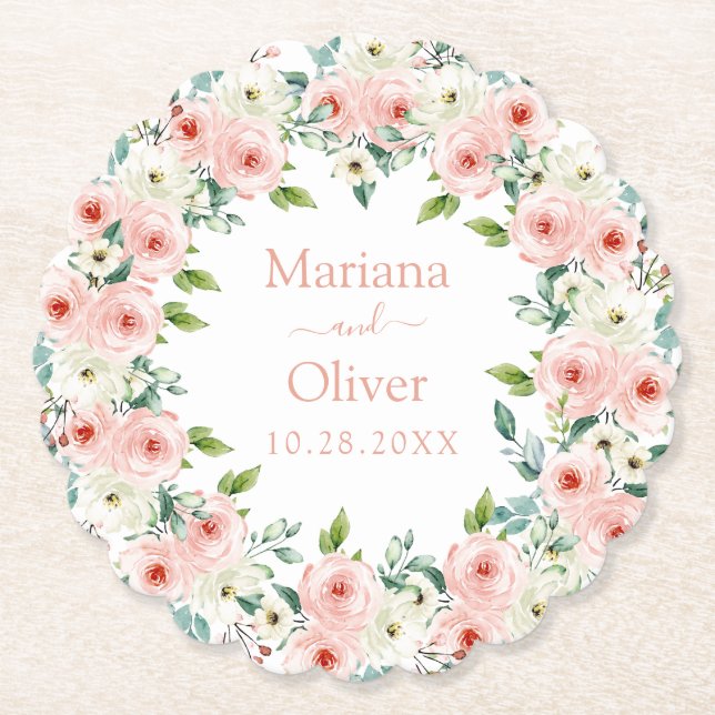 Peach White Floral Wedding Untersetzer (Vorderseite)