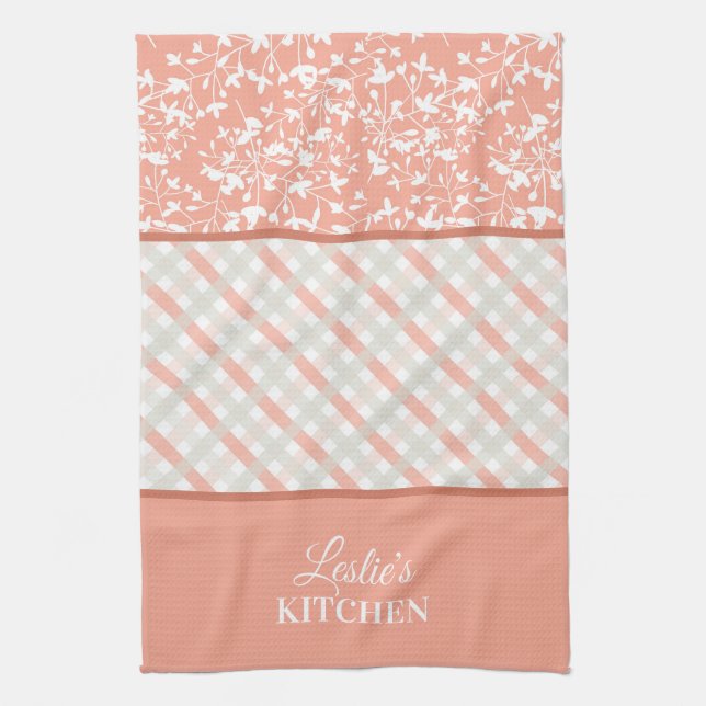 Peach White Gray Floral & Diagonal Kariert Geschirrtuch (Vertikal)