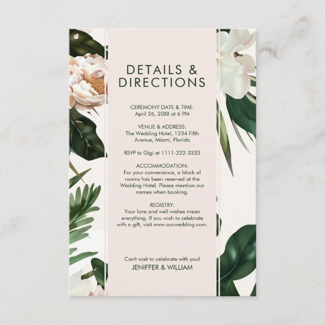 Peach White Peonies & Green Blätter Floral Wedding Begleitkarte (Vorderseite)