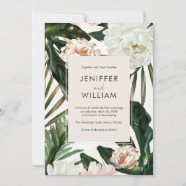 Peach White Peonies & Green Blätter Floral Wedding Einladung