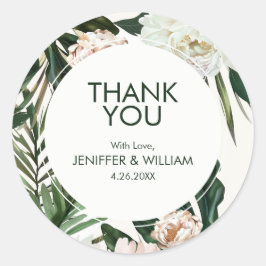 Peach White Peonies & Green Blätter Floral Wedding Runder Aufkleber