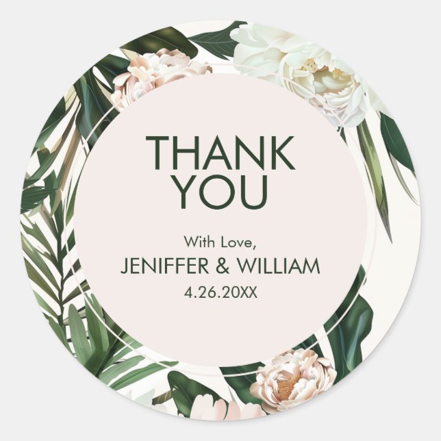 Peach White Peonies & Green Blätter Floral Wedding Runder Aufkleber (Vorderseite)