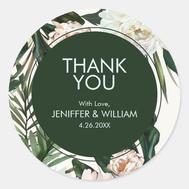 Peach White Peonies & Green Blätter Floral Wedding Runder Aufkleber (Vorderseite)