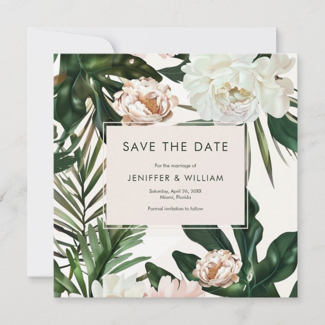 Peach White Peonies & Green Blätter Floral Wedding Save The Date (Vorderseite)