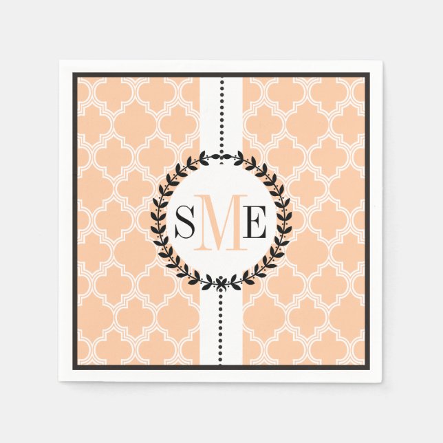Peach, White Quatrefolie Muster Hochzeit Serviette (Vorderseite)