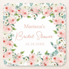 Peach White Watercolor Floral Brautparty Rechteckiger Pappuntersetzer