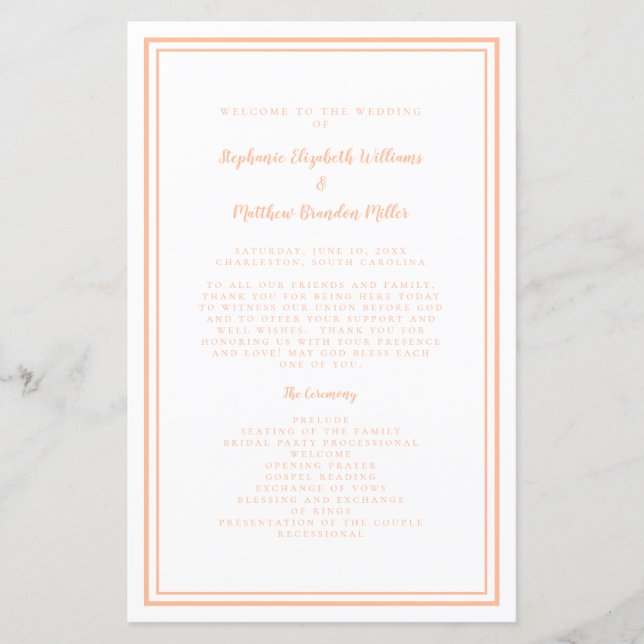 Peach White Wedding Script Modern Zeremony Program (Vorderseite)