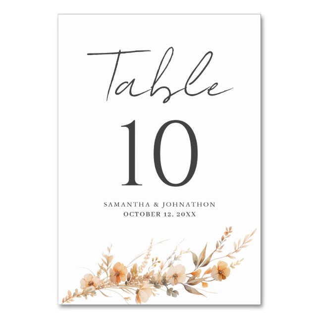 Peach Wildblume Floral Wedding Table Card Tischnummer (Vorderseite)