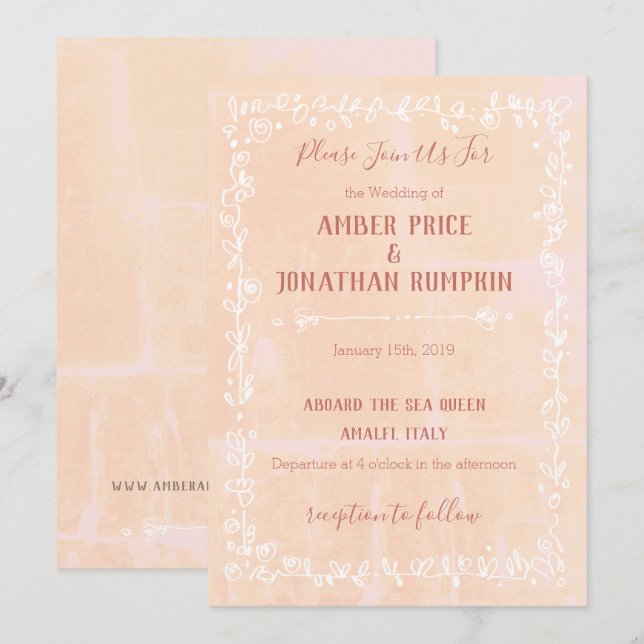 Peach with White Floral Border Wedding Einladungen (Vorne/Hinten)
