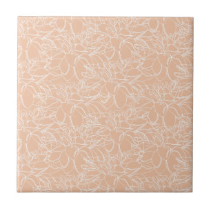 Peach with White Floral Line Art Keramik Tile Fliese