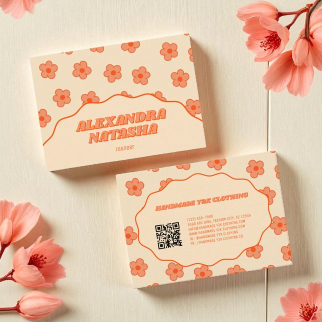 Peach Y2K Blume Handgefertigte Kleidung Visitenkarte (Peach Y2K Flower Handmade Clothing Business Card)