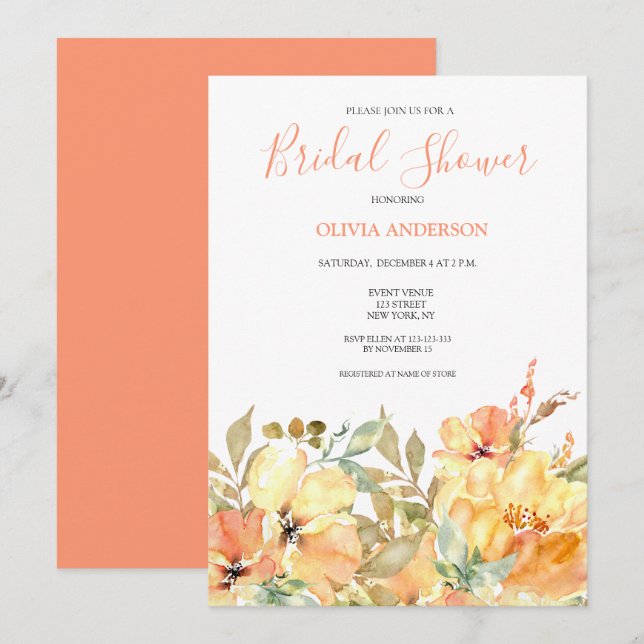 Peach Yellow Floral Brautparty Einladung (Vorne/Hinten)
