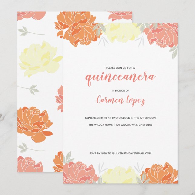 Peach Yellow & Orange Peonies Quinceanera Party Einladung (Vorne/Hinten)