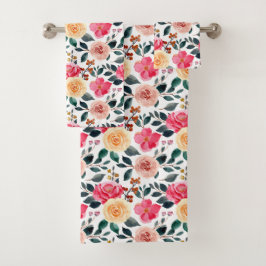 Peach Yellow Pink Greenery Girly Floral Pattern Badhandtuch Set