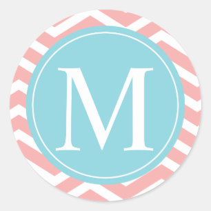 Peach Zickzack Blue Monogram Runder Aufkleber