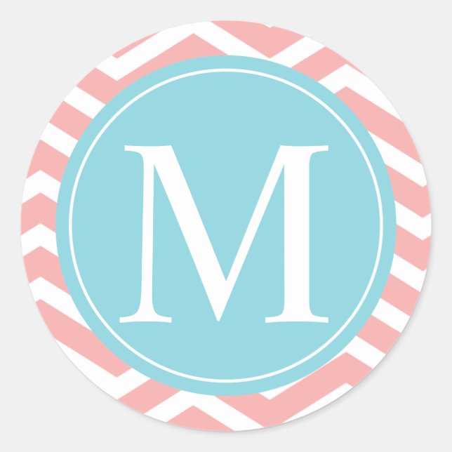 Peach Zickzack Blue Monogram Runder Aufkleber (Vorderseite)